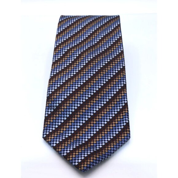 Isaia Napoli Men's Silk Tie Checkered Pattern Made In Italy Brown & Blue Luxury - Picture 4 of 6